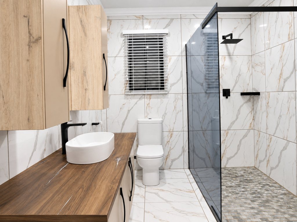A Family Room bathroom, with a basin on a timber vanity, a toilet and a large shower behind a glass screen.