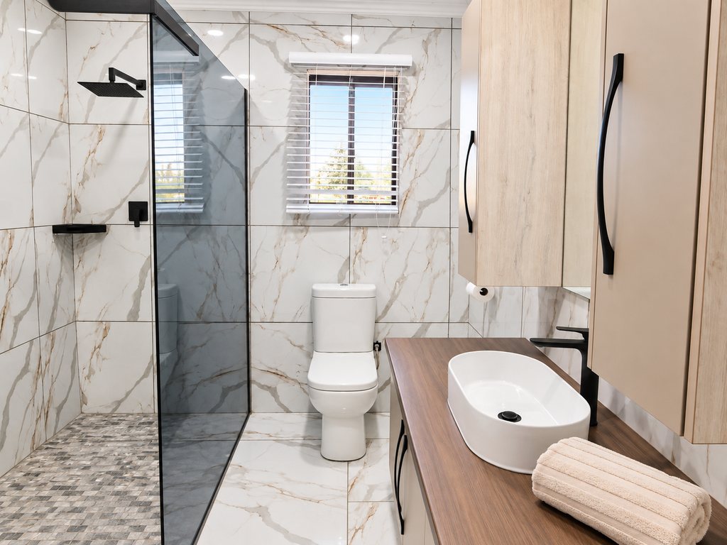 A Family Room bathroom with marble-look tiling, a large walk-in shower, toilet, basin and folded towels.