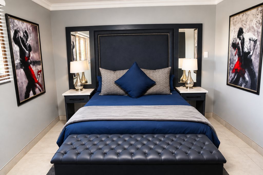The main bedroom of a Family Room, with a queen bed against a navy upholstered headboard between two mirrors and bedside lamps.