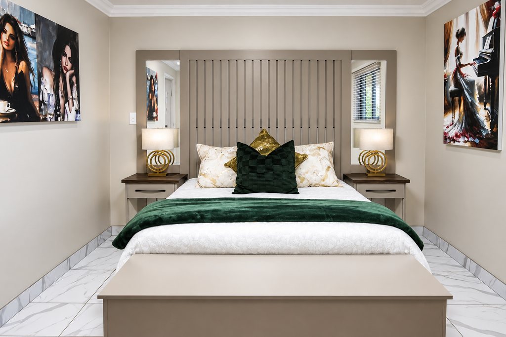 A Family Room queen bed with a slatted headboard, cream linen and a green cushion, framed by bedside lamps and artwork.
