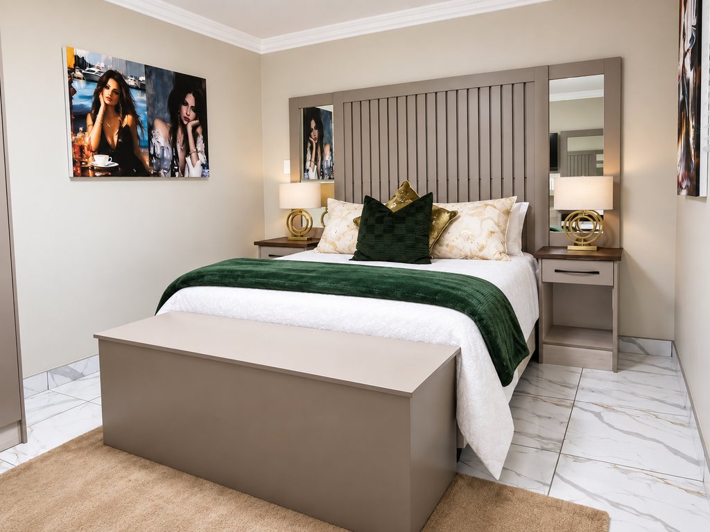 A Family Room queen bedroom seen wide, with artwork on both walls, a slatted headboard and a storage bench at the foot of the bed.