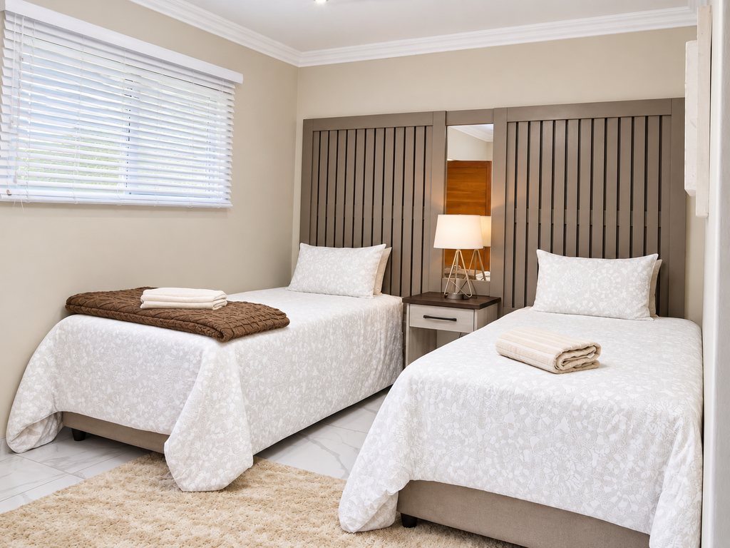 Two single beds made up in white in a Family Room bedroom, with folded towels and throws provided.