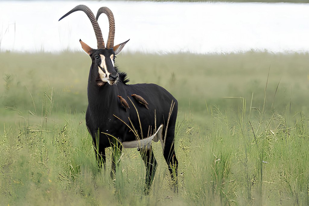 A sable antelope with long curved horns standing in tall green grass at Goldfields Game Ranch.