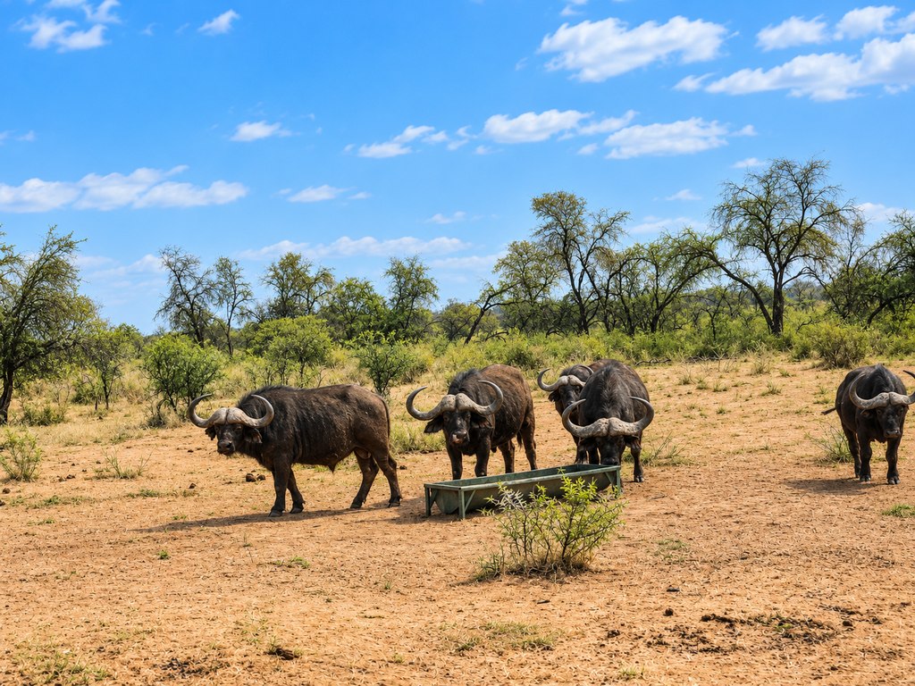 Buffalo gathered at a feeding trough in open bushveld at Goldfields Game Ranch.