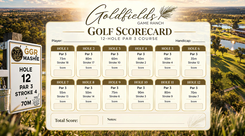 The Goldfields Game Ranch golf scorecard beside a course hole marker, with the fairways and river behind it.