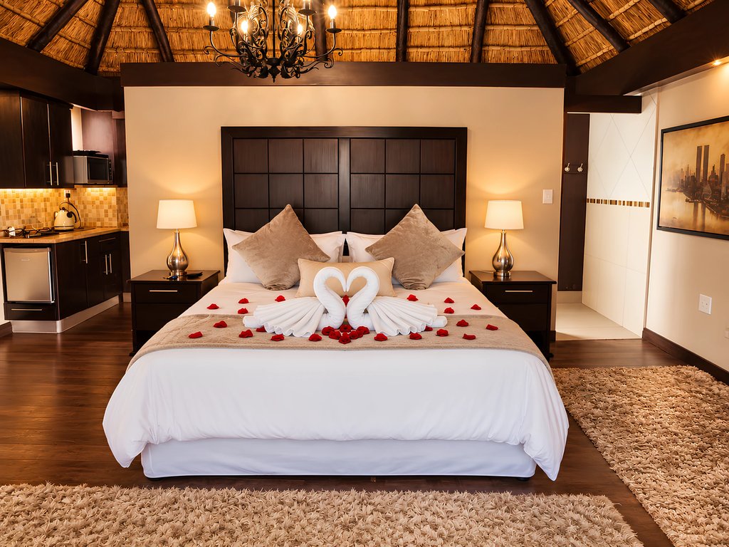 The queen bed in the Honeymoon Suite, dressed with towel swans and petals beneath a wrought-iron chandelier and thatched roof.