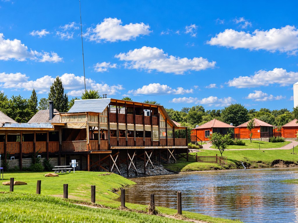 The Goldfields restaurant raised on timber poles above the Doring River, with riverside chalets beyond.