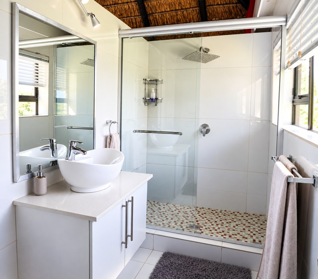 A Sandstone Room bathroom with a vessel basin, mirror and glass shower with a rain head.