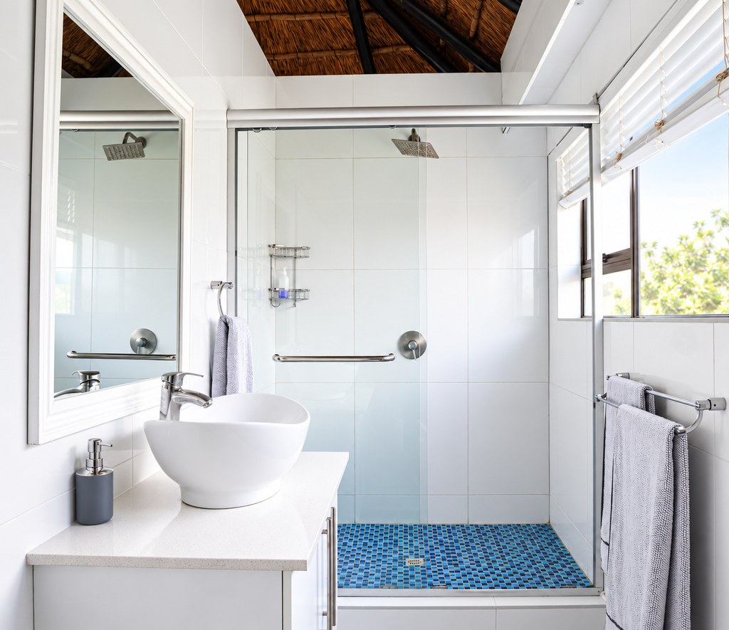 A Sandstone Room bathroom with a vessel basin, mirror and glass shower with a mosaic floor.