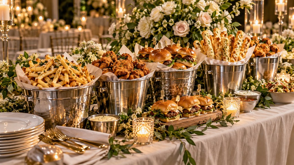 A function buffet table set with silver buckets of loaded fries, fried chicken, sliders and breadsticks, with dipping sauces, plates, cutlery, candles and white florals.