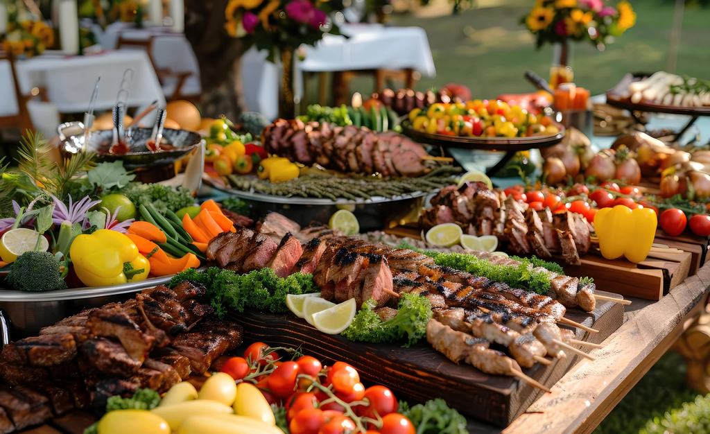 An outdoor catering table under the trees, laid with carved meats, grilled skewers, salads, fresh vegetables and seasonal fruit.