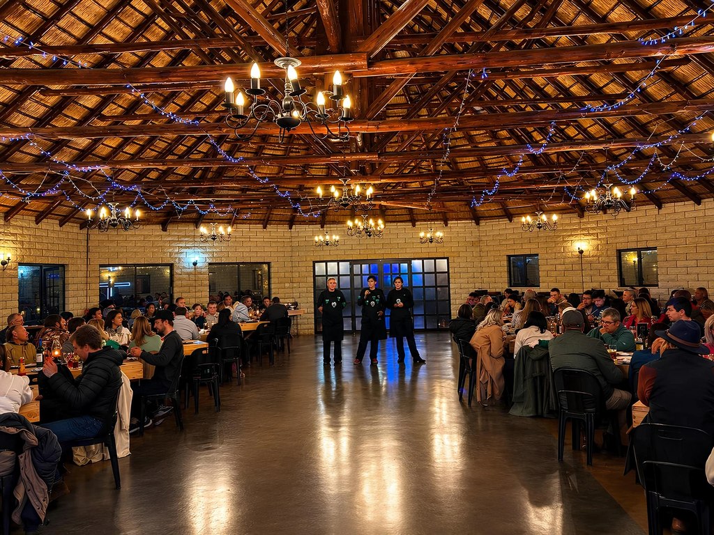 Guests seated at long tables for an evening function in the thatched Goldfields hall, lights strung across the roof beams.