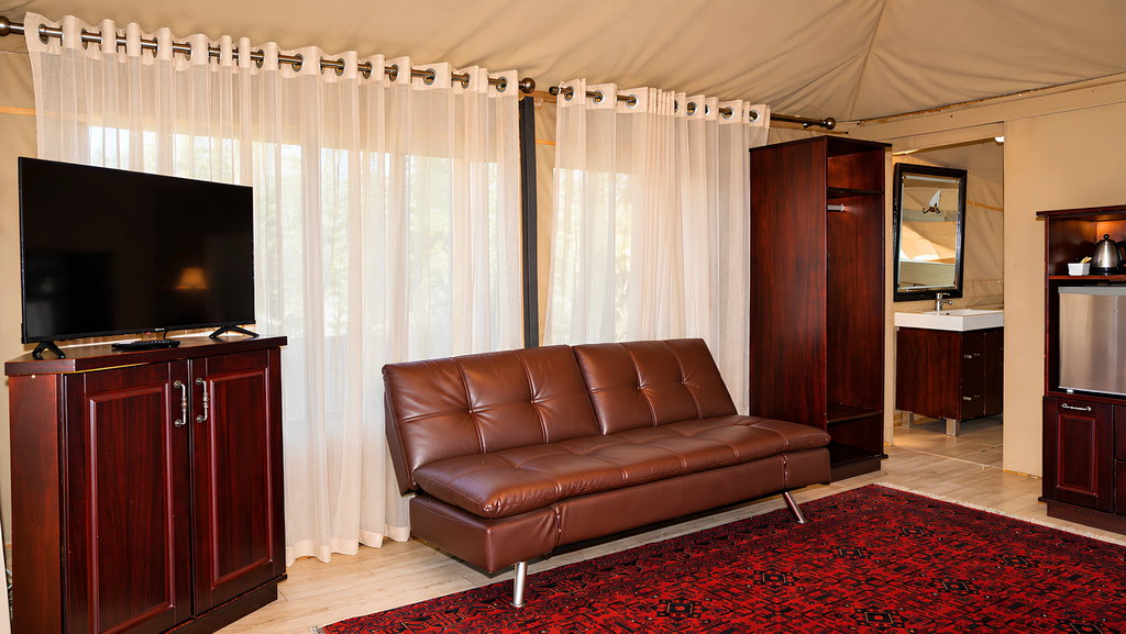 The sitting area of a wooden house, with a leather sleeper couch, flat-screen television and wardrobe.
